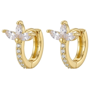 Elegant gold clover hoop earrings with marquise zircon stones on white background