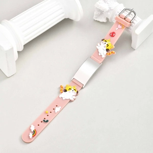 Pink silicone kids bracelet with cartoon cat and rainbow, featuring engravable steel plate