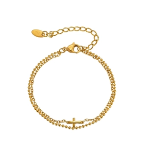 Bracciale a doppio strato in acciaio inossidabile dorato con croce e targhetta K18