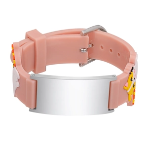 Pink silicone kids bracelet with stainless steel engraving plate and cartoon animals