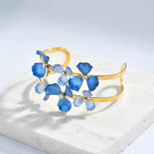 Double-layer gold stainless steel cuff bracelet with blue enamel flowers and zircons