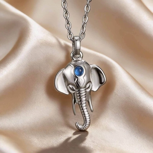 Stainless Steel Elephant Head Pendant Necklace With Blue Rhinestone Inlay Trendy Animal Style Jewelry Accessory
