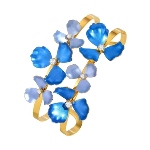 Double-layer golden bangle with six gradient blue flowers and white zircon stones