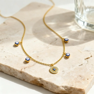 Collier élégant œil porte-bonheur doré avec zircons sur pierre naturelle