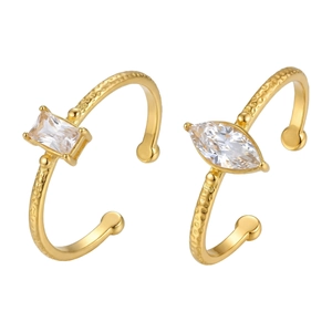 Golden open rings with marquise and rectangular zircon plus textured metallic surface