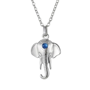 Silver stainless steel elephant pendant necklace with blue gemstone on white background