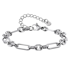 Polished stainless steel alternating link chain bracelet with lobster clasp on white background