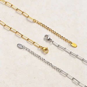 Polished stainless steel paperclip chain necklace set in gold and silver finish with K18 tag