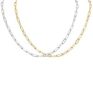 Polished gold and silver paperclip link necklaces displayed on white background