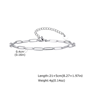 Detail of silver stainless steel paperclip chain anklet showing dimensions and lobster clasp