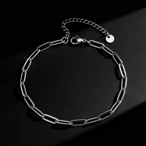 Polished stainless steel paperclip chain anklet with round tag on black background