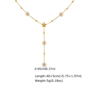 Collana a Y in acciaio inossidabile dorato con fiori di perla e misure dettagliate