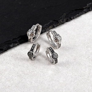 Mens Viking earrings with wolf head and Valknut symbols in retro stainless steel finish