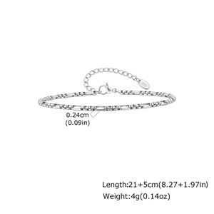 Detail showing Figaro stainless steel chain with round beads, lobster clasp, and extension