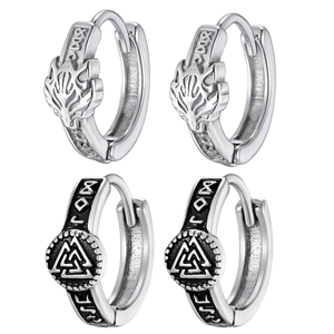 Men punk Viking wolf head and Valknut symbol stainless steel hoop earrings set