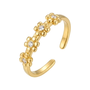 Adjustable 18K gold plated stainless steel ring with four zircon flower petals