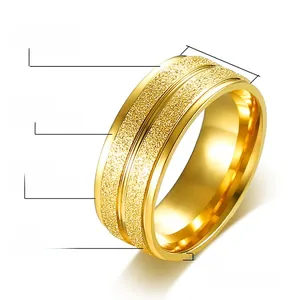 Macro detail of 8mm gold-plated stainless steel ring showing sandblasted surface and polished groove