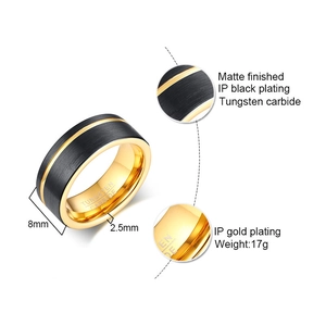 Detail view of 8mm brushed black tungsten carbide ring with gold inner band and parameters