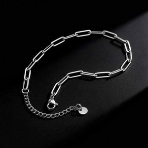 Minimalist silver stainless steel paperclip chain anklet with lobster clasp and round charm tag