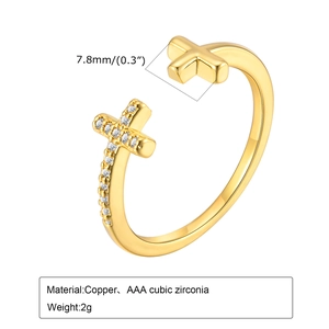 Adjustable golden copper cross ring for women with AAA cubic zirconia inlays