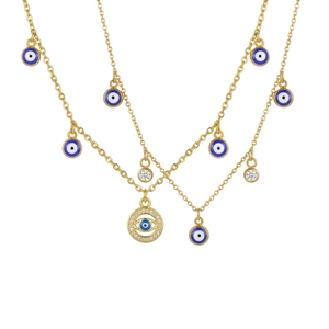 Collier multi-rangs doré avec pendentifs œil bleu émaillé et zircons brillants