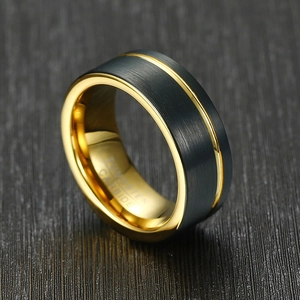Close-up of 8mm tungsten ring featuring black brushed surface and golden inner band
