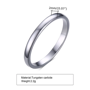 Detail of 2mm silver tungsten carbide ring with mirror finish showing dimensions and weight