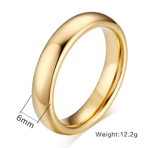Detailed view of 6mm wide gold polished tungsten ring weighing 12.2g on white background
