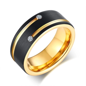 Men's Tungsten Steel Ring Brushed Black Gold Two-Tone Inlaid Zirconia Grooved Band Fashion Jewelry Wedding Party Accessory