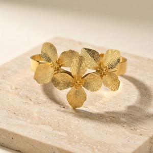 Bracelet Jonc Ouvert en Acier Inoxydable Fleur Bohème Géométrique Or Métal Brossé Réglable Bijoux pour Femmes