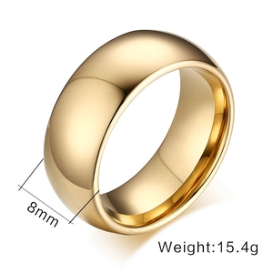 Detail view of 8mm wide polished tungsten steel gold ring with 15.4g weight specifications