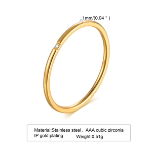 1mm minimalist gold stainless steel ring with AAA cubic zirconia detail for women