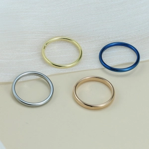 Detailed view of polished tungsten rings in gold, blue, silver, and rose gold finishes