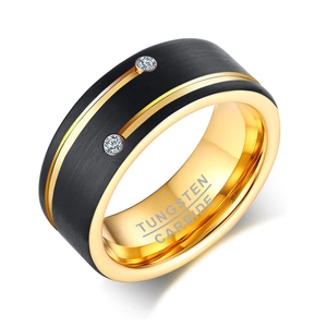 Two-tone tungsten carbide ring for men with black brushed finish and gold inner band