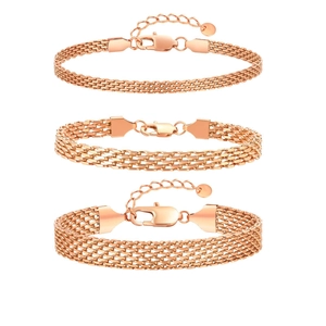 Three widths of rose gold Milanese mesh stainless steel bracelets with lobster clasps