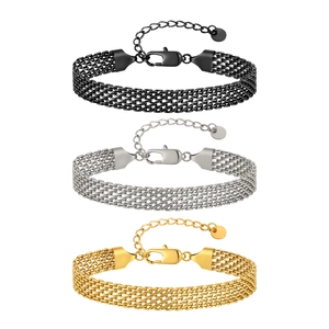 Three-piece stainless steel mesh chain bracelet set in black, silver, and gold finish