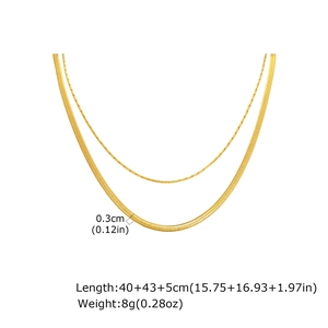 Detailed view of layered gold snake chain and cable chain with length and width dimensions