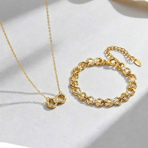 Collier Et Bracelet En Acier Inoxydable Pendentif Double Cercle Infini Plaqué Or Chaîne De Clavicule Avec Strass Bijoux Pour Femmes