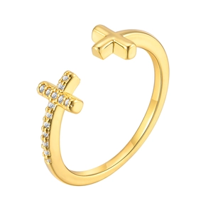 Adjustable gold double cross ring with polished and cubic zirconia pavé details