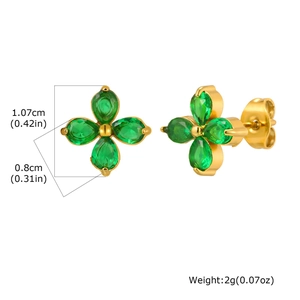 Gold stainless steel four-leaf clover earrings with green teardrop stones and measurements
