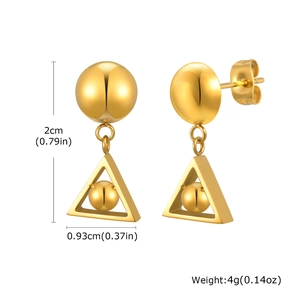 Detail showing 18K gold triangle stud earrings with dimensions 2cm by 0.93cm