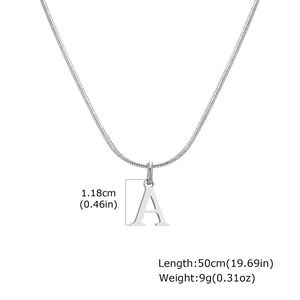Detailed view of silver letter A pendant necklace with snake chain showing size measurements
