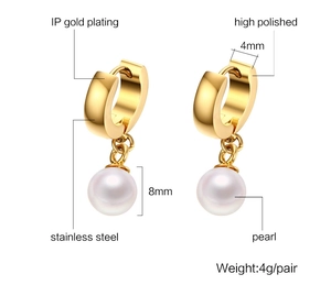 Detailed specs of 8mm pearl gold earrings with IP plating and high polished steel