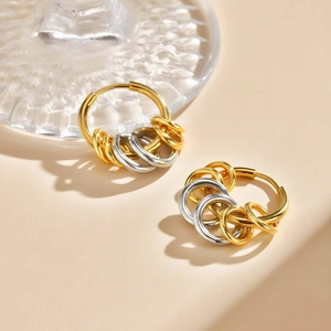 Women's Fashion Stainless Steel Two-Tone Hoop Earrings Geometric Multi-Circle Gold Silver Mixed Loop Earrings Stylish Minimalist Jewelry