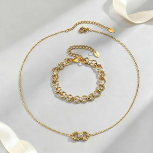Parure collier et bracelet infini en acier inoxydable doré 18K avec oxydes de zirconium blancs