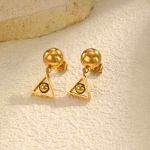 18K gold plated stainless steel geometric triangle earrings with ball drop design