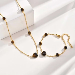 Parure de Bijoux Collier et Bracelet avec Pendentif Coeur en Acier Inoxydable et Oeil de Tigre pour Femme