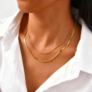 Layered gold stainless steel necklace set with snake chain and twisted rope chain