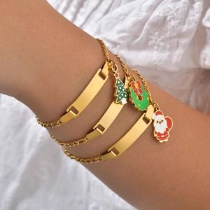 Three-piece gold stainless steel Christmas bracelet set with engravable tags and charms