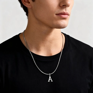 Polished stainless steel snake chain necklace with silver capital A letter pendant
